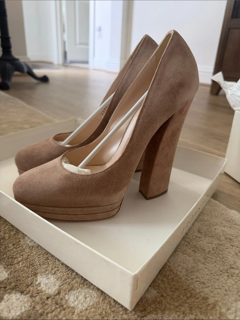 Casadei Taupe Suede Platform Block Heel Pumps